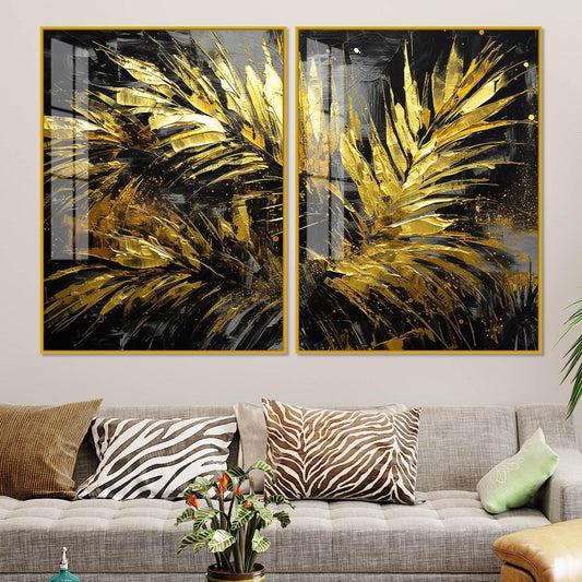Premium Black and Shiny Gold Palm Leaves Acrylic Floating Wall Painting Set Of 2 - Decor Smart