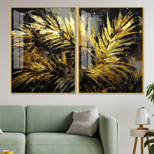 Premium Black and Shiny Gold Palm Leaves Acrylic Floating Wall Painting Set Of 2 - Decor Smart