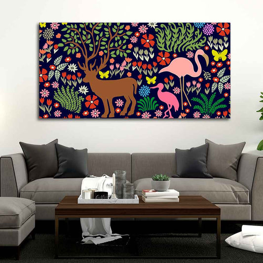 Premium Canvas Folk Art Painting of Animals in Dark Forest - Decor Smart