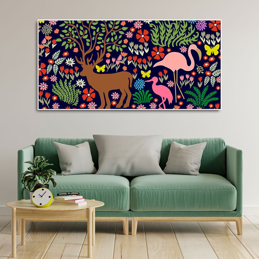 Premium Canvas Folk Art Painting of Animals in Dark Forest - Decor Smart