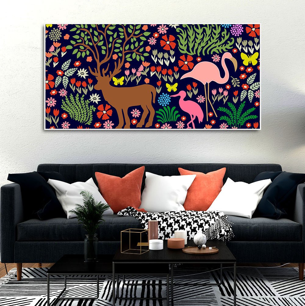Premium Canvas Folk Art Painting of Animals in Dark Forest - Decor Smart