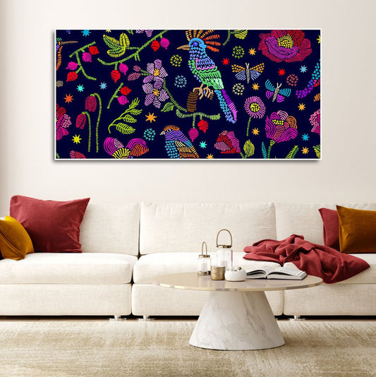 Premium Canvas Folk Art Painting of Birds, Flowers & Butterfly - Decor Smart