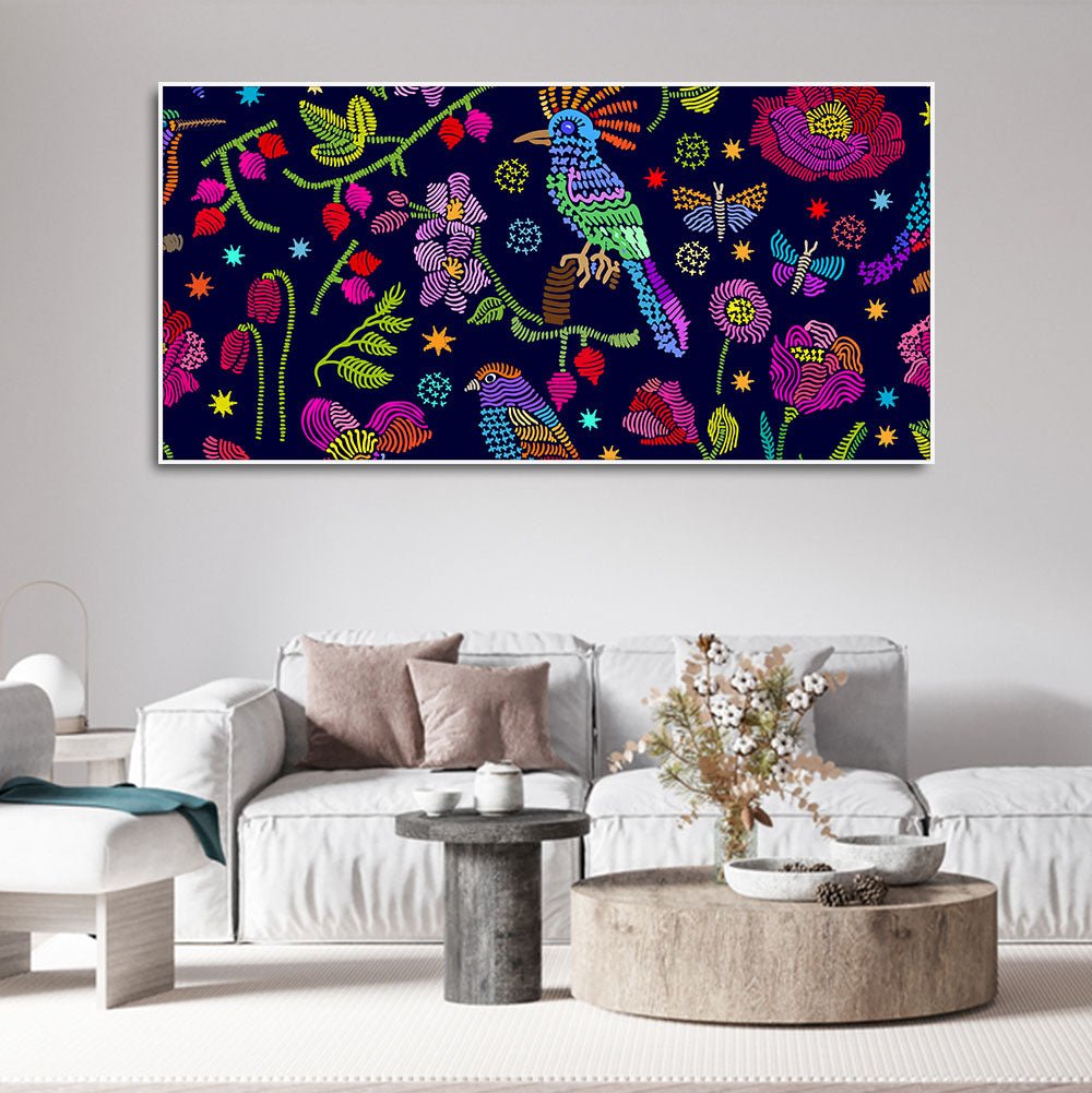 Premium Canvas Folk Art Painting of Birds, Flowers & Butterfly - Decor Smart