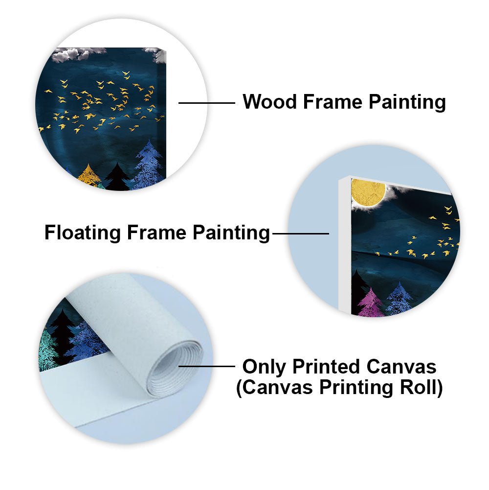 Premium Canvas Wall Painting of Golden Birds Flying over The Dark Forest - Decor Smart