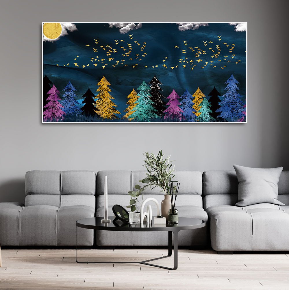 Premium Canvas Wall Painting of Golden Birds Flying over The Dark Forest - Decor Smart