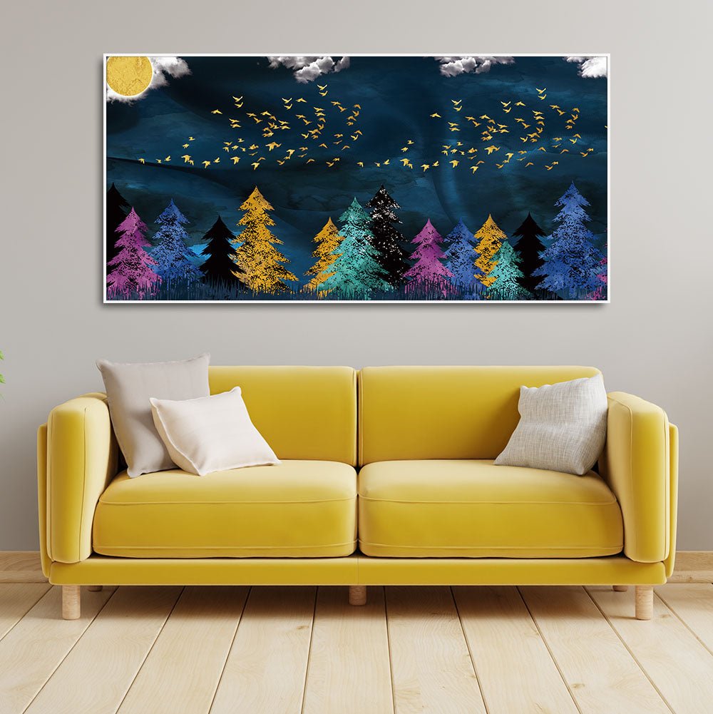 Premium Canvas Wall Painting of Golden Birds Flying over The Dark Forest - Decor Smart