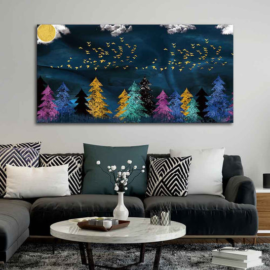 Premium Canvas Wall Painting of Golden Birds Flying over The Dark Forest - Decor Smart