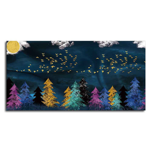 Premium Canvas Wall Painting of Golden Birds Flying over The Dark Forest - Decor Smart