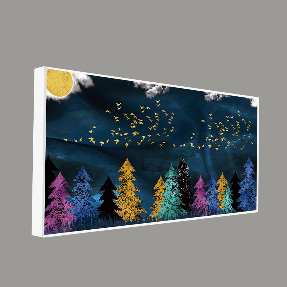 Premium Canvas Wall Painting of Golden Birds Flying over The Dark Forest - Decor Smart