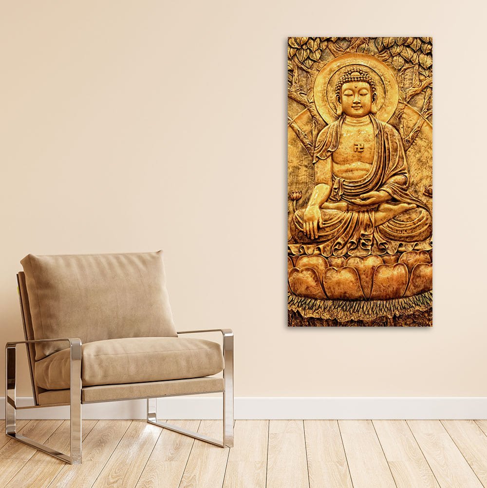 Premium Canvas Wall Painting of Golden Lord Buddha Sculpture - Decor Smart