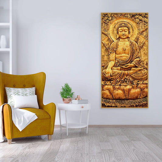 Premium Canvas Wall Painting of Golden Lord Buddha Sculpture - Decor Smart