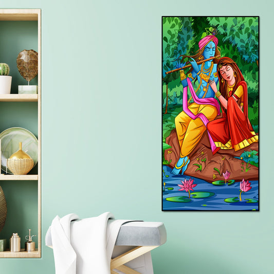 Premium Canvas Wall Painting of Lord Krishna with Radha Sitting in Forest - Decor Smart