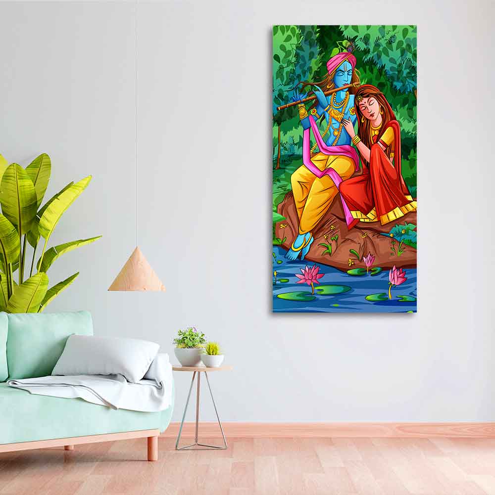 Premium Canvas Wall Painting of Lord Krishna with Radha Sitting in Forest - Decor Smart