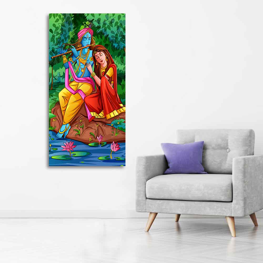 Premium Canvas Wall Painting of Lord Krishna with Radha Sitting in Forest - Decor Smart