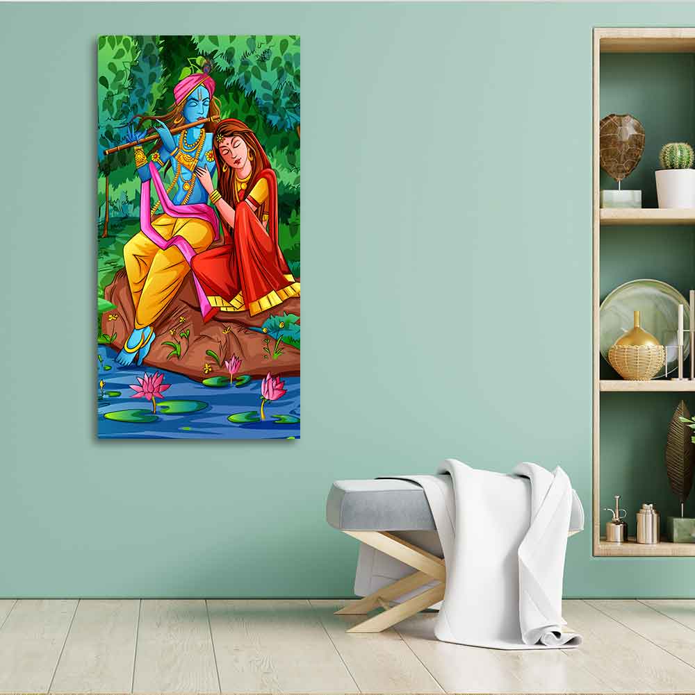 Premium Canvas Wall Painting of Lord Krishna with Radha Sitting in Forest - Decor Smart