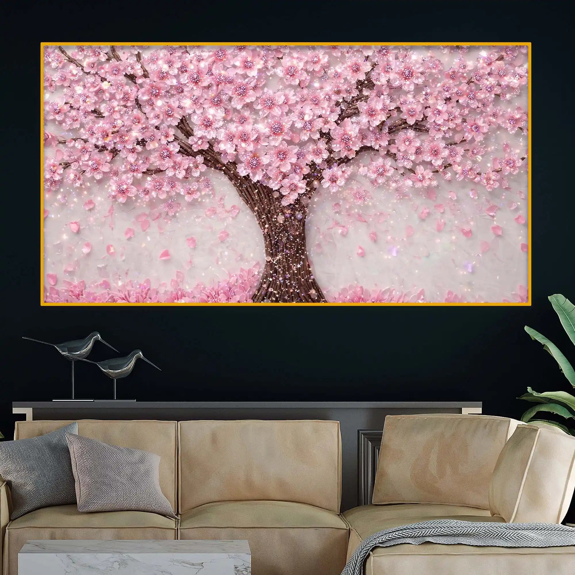 Premium Cherry Blossom Tree Crystal Glass Wall Painting for Living Room Décor