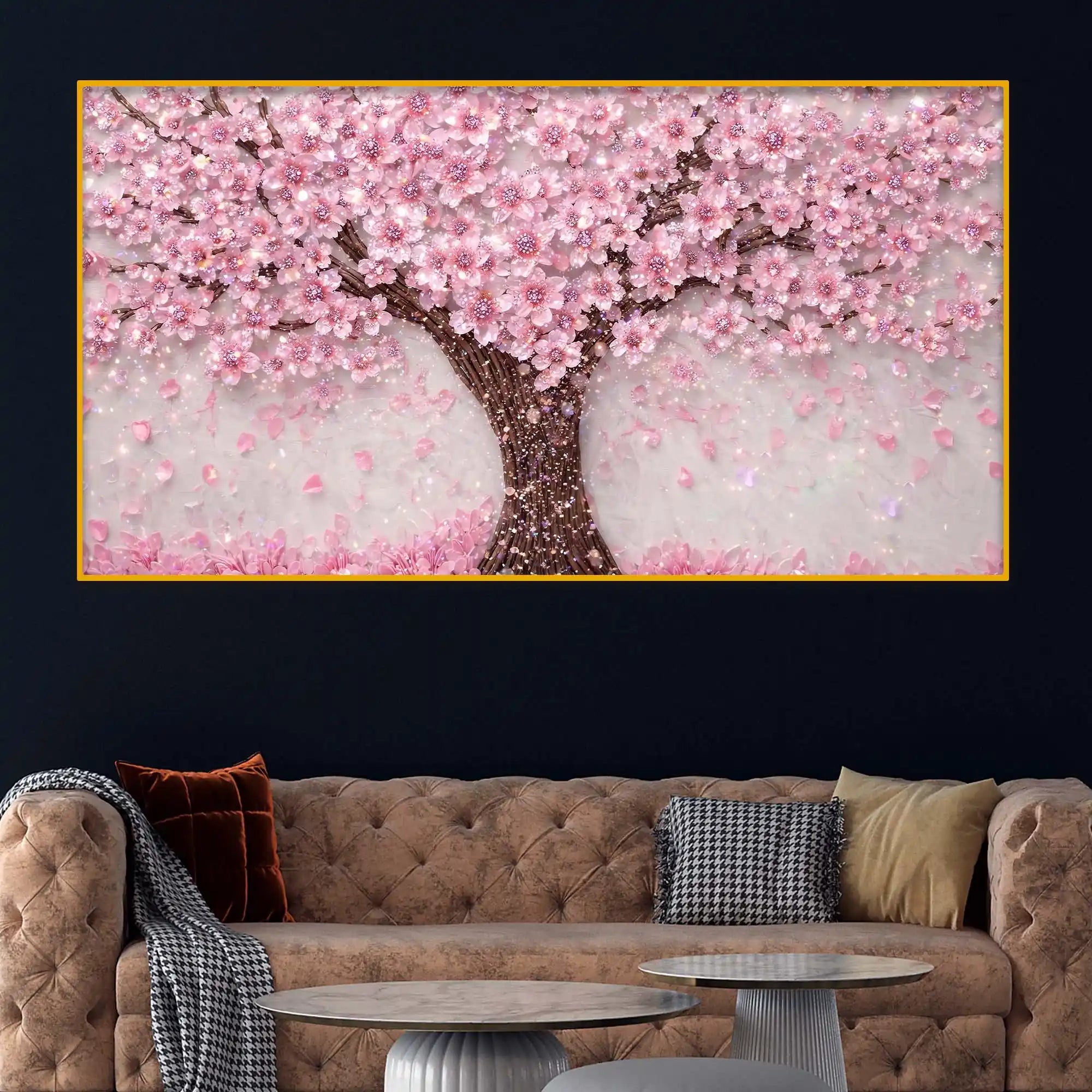 Premium Cherry Blossom Tree Crystal Glass Wall Painting for Living Room Décor