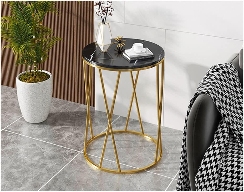 Premium Designer Round Shaped Golden Artistic Side Table with Black Marble - Decor Smart
