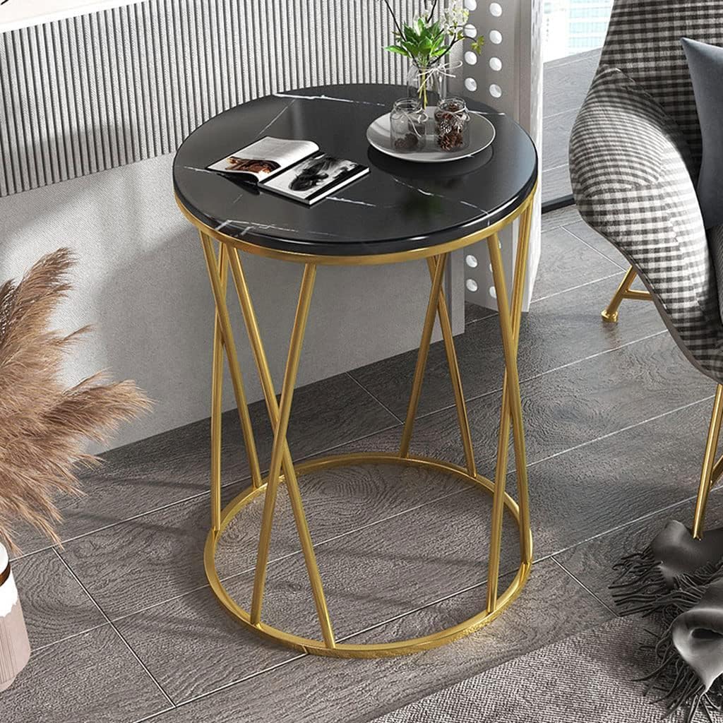 Premium Designer Round Shaped Golden Artistic Side Table with Black Marble - Decor Smart