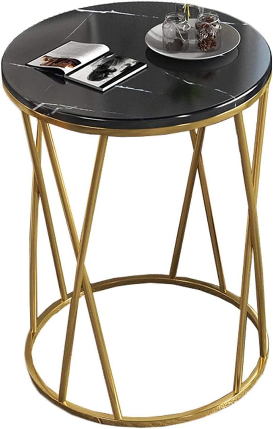 Premium Designer Round Shaped Golden Artistic Side Table with Black Marble - Decor Smart