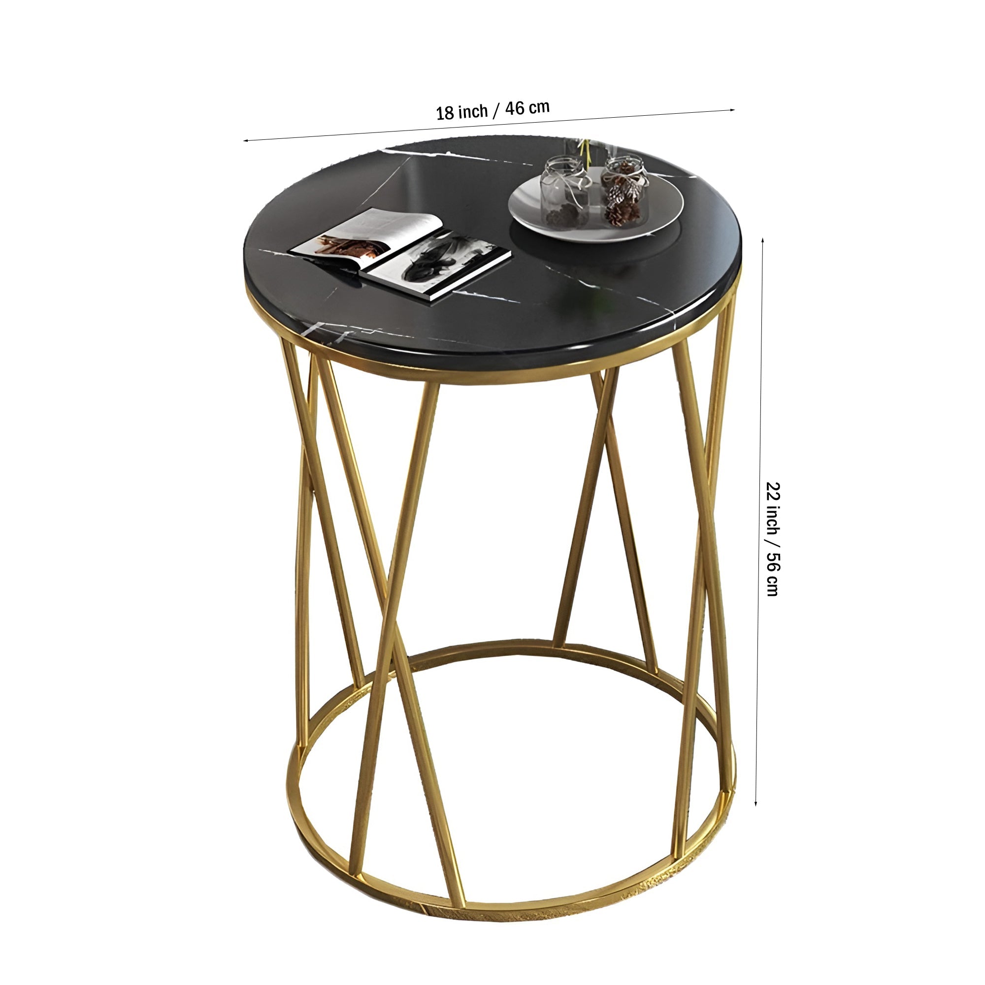 Premium Designer Round Shaped Golden Artistic Side Table with Black Marble - Decor Smart