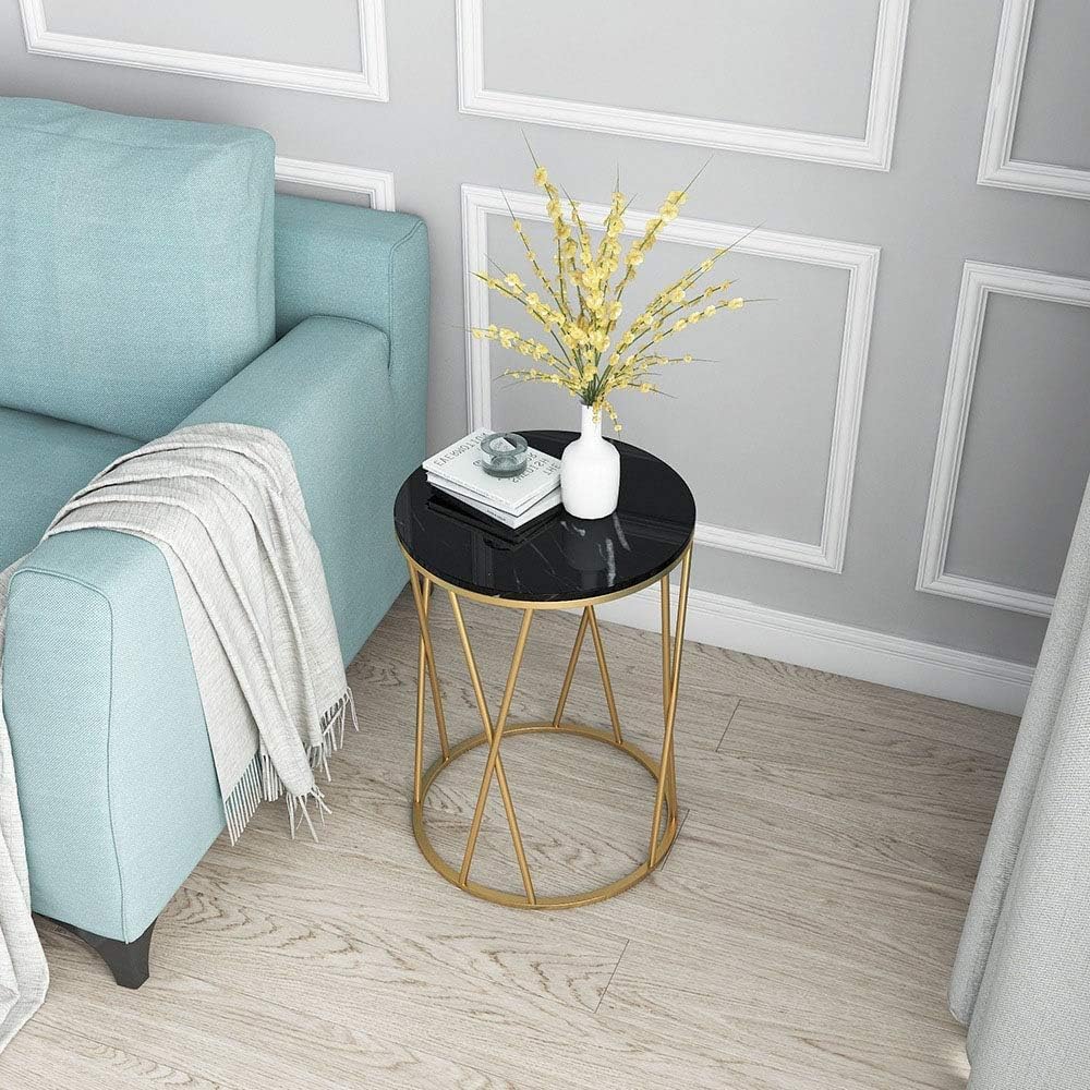 Premium Designer Round Shaped Golden Artistic Side Table with Black Marble - Decor Smart