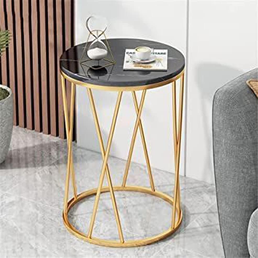 Premium Designer Round Shaped Golden Artistic Side Table with Black Marble - Decor Smart