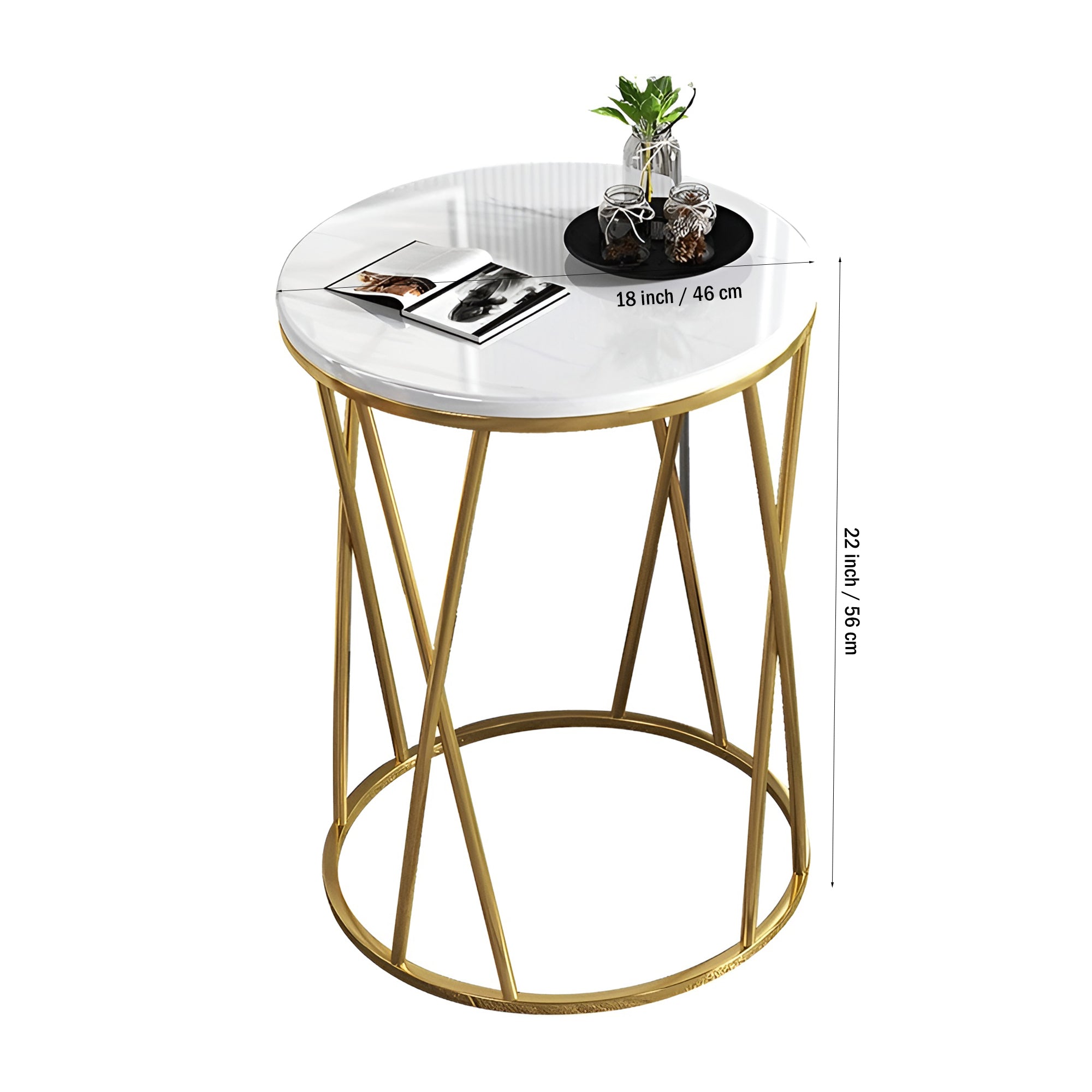 Premium Designer Round Shaped Golden Artistic Side Table with White Marble - Decor Smart