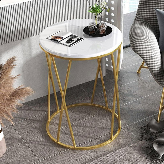 Premium Designer Round Shaped Golden Artistic Side Table with White Marble - Decor Smart
