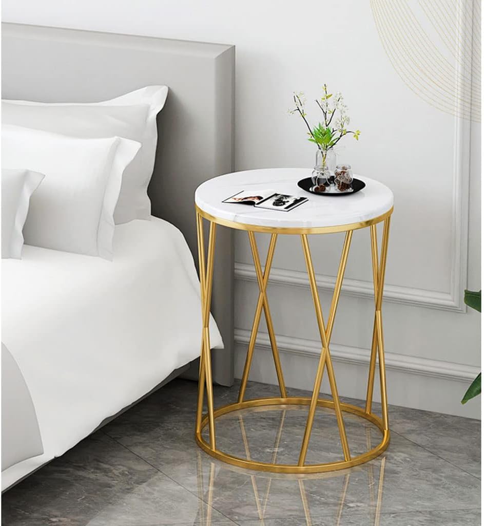 Premium Designer Round Shaped Golden Artistic Side Table with White Marble - Decor Smart