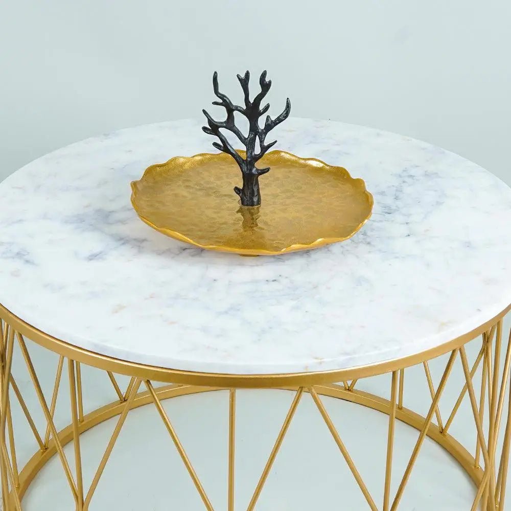 Premium Designer White Marble Round Shape Center Table in Criss Cross Pattern - Decor Smart