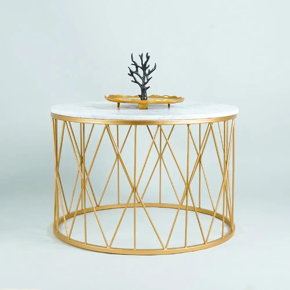 Premium Designer White Marble Round Shape Center Table in Criss Cross Pattern - Decor Smart