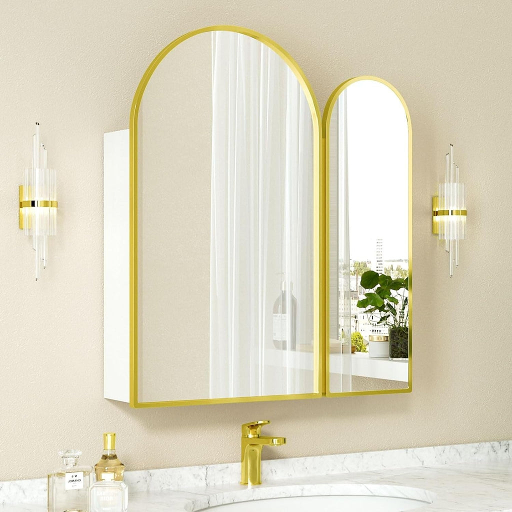 Premium Dual Arched Bathroom Storage Mirror with Golden Finish