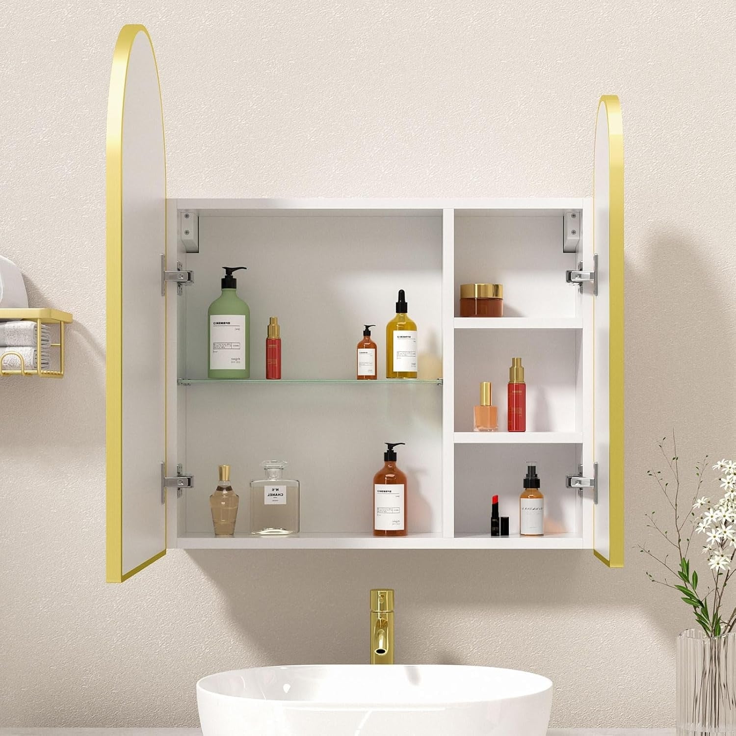 Premium Dual Arched Bathroom Storage Mirror with Golden Finish