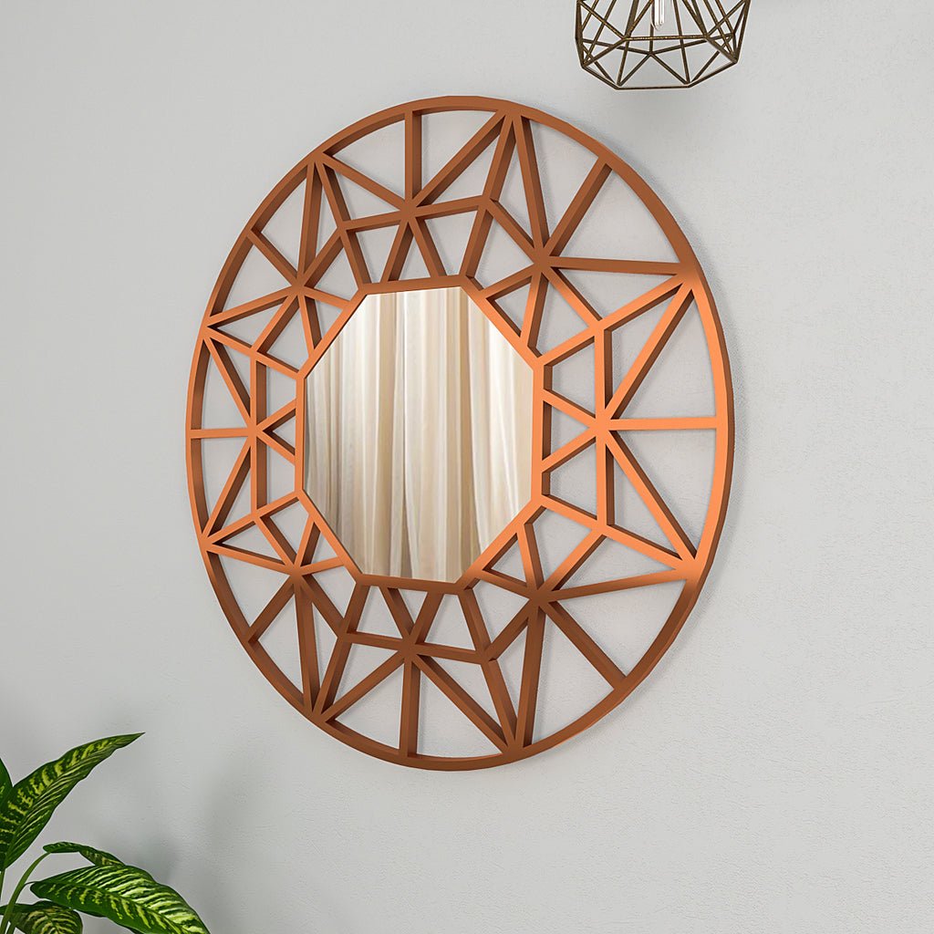 Premium Geometric Cut Copper Finish Designer Wall Mirror - Decor Smart