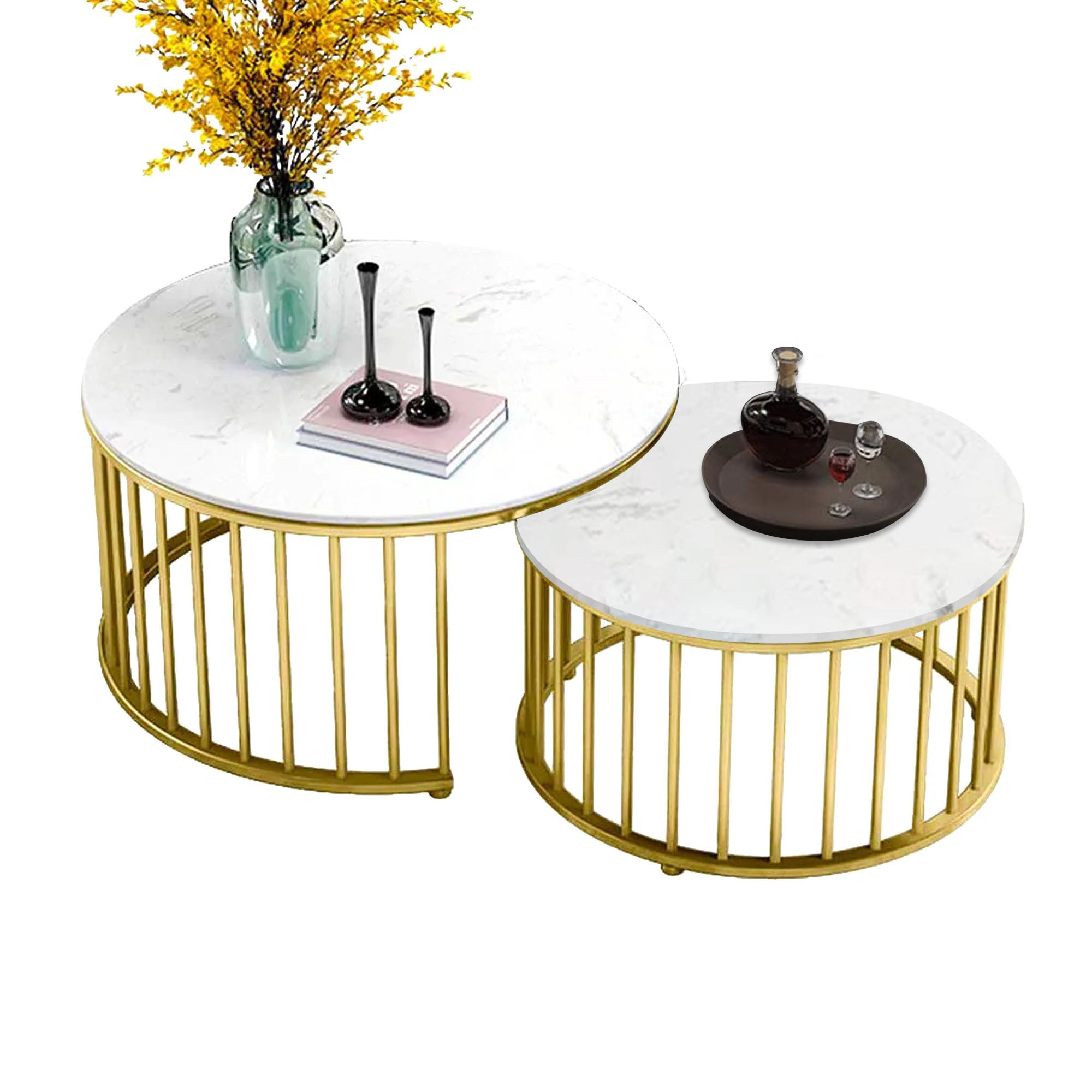 Premium Golden Caged with White Marble Table Set of 2 - Decor Smart