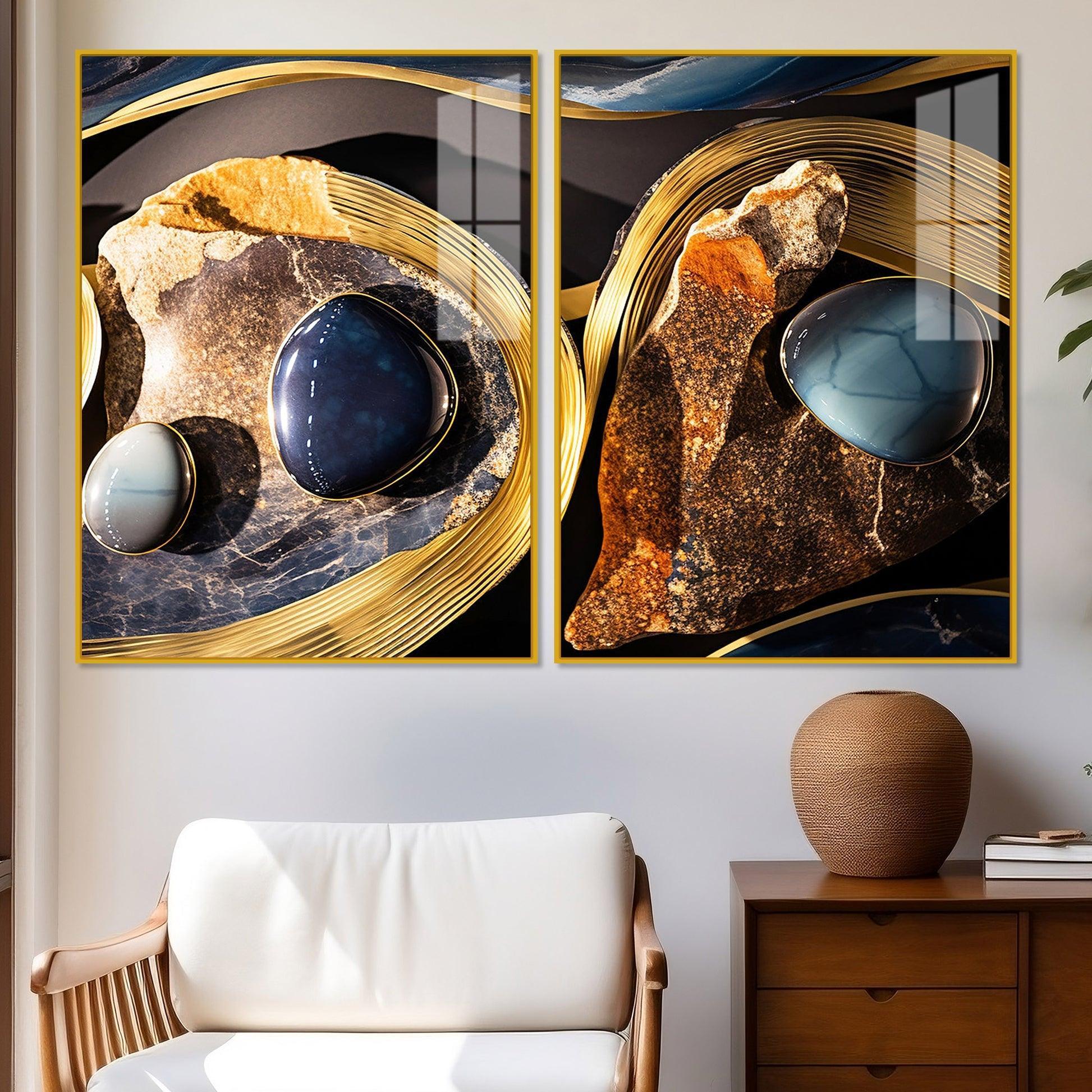Premium Marble Stone Textural Art Acrylic Floating Wall Painting Set Of 2 - Decor Smart