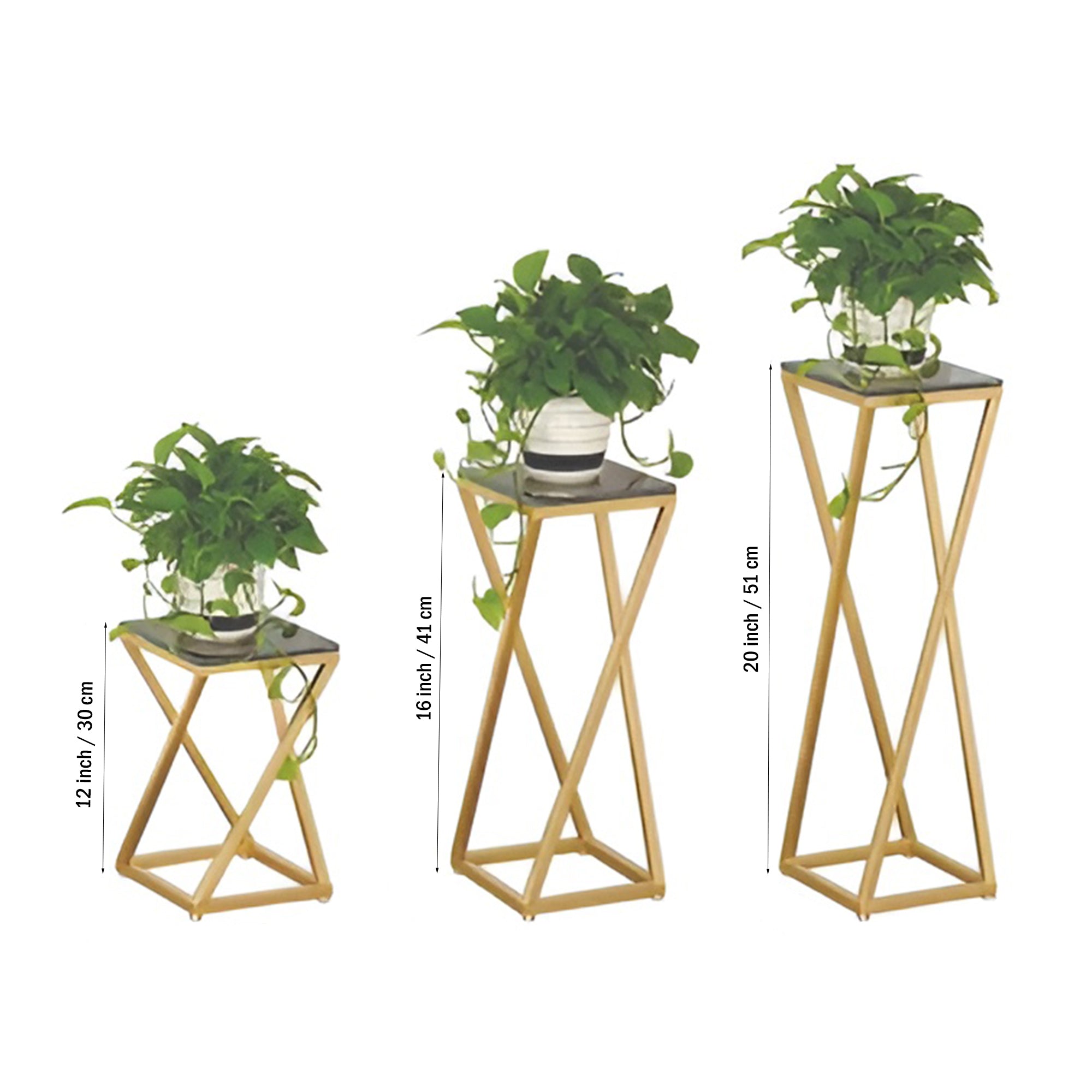 Premium Metal Planter Stand With Black Marble At Top (Set of 3) - Decor Smart