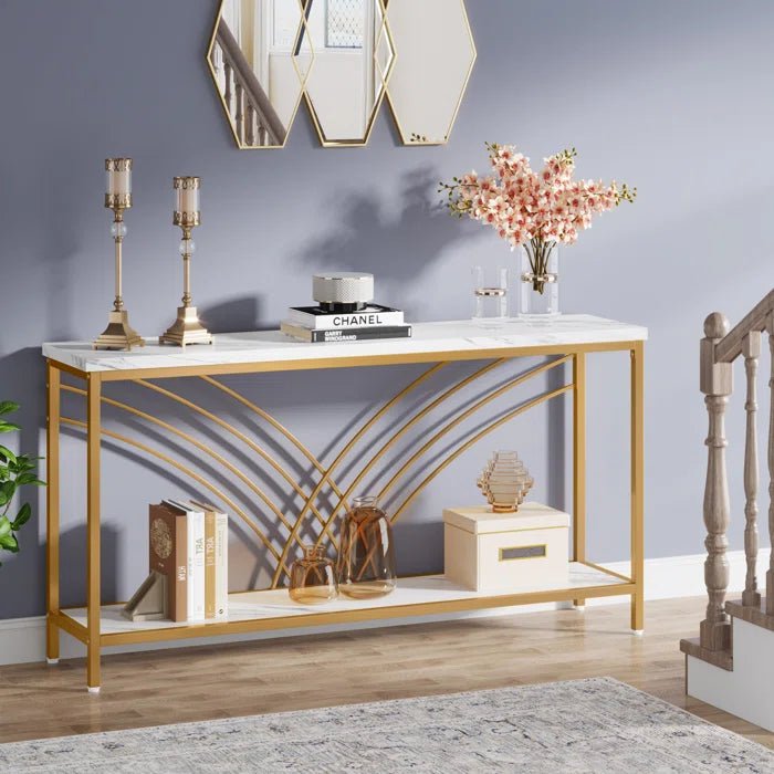 Premium Modern Faux Marble Console Table with 2 Tier Storage Shelf - Decor Smart