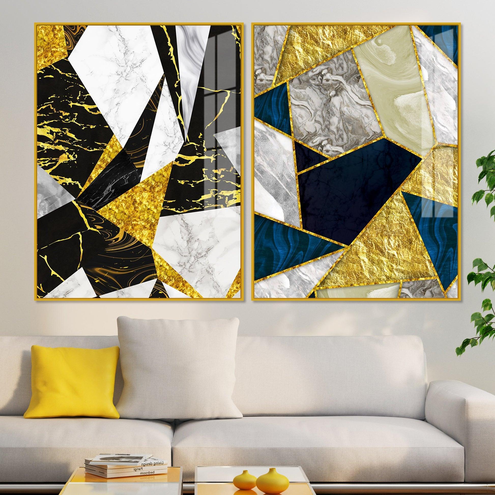Premium Triangle Pattern Shapes Acrylic Floating Wall Painting Set Of 2 - Decor Smart