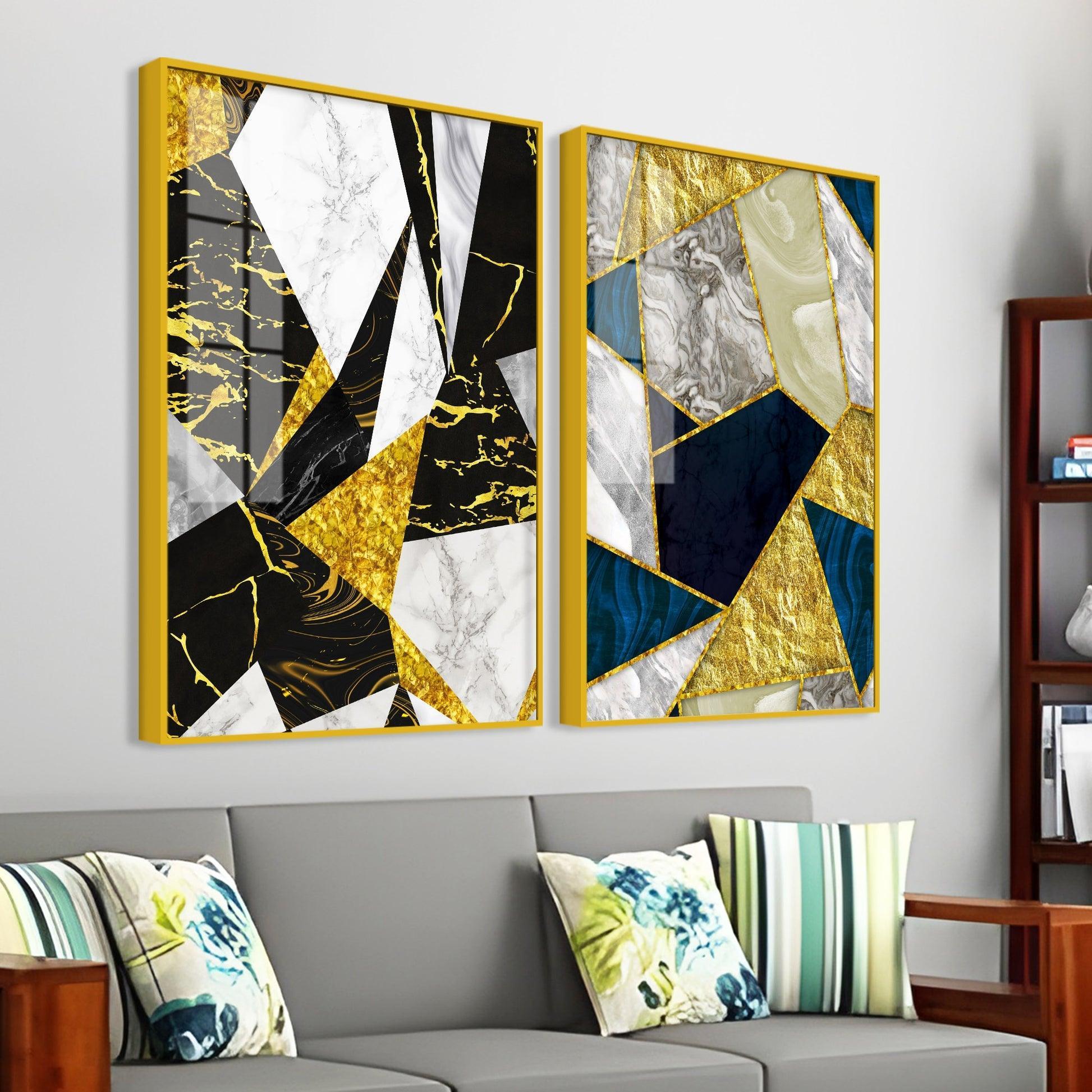 Premium Triangle Pattern Shapes Acrylic Floating Wall Painting Set Of 2 - Decor Smart