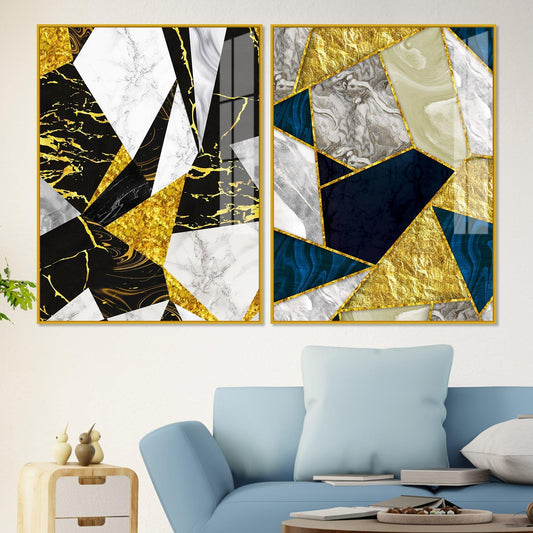 Premium Triangle Pattern Shapes Acrylic Floating Wall Painting Set Of 2 - Decor Smart
