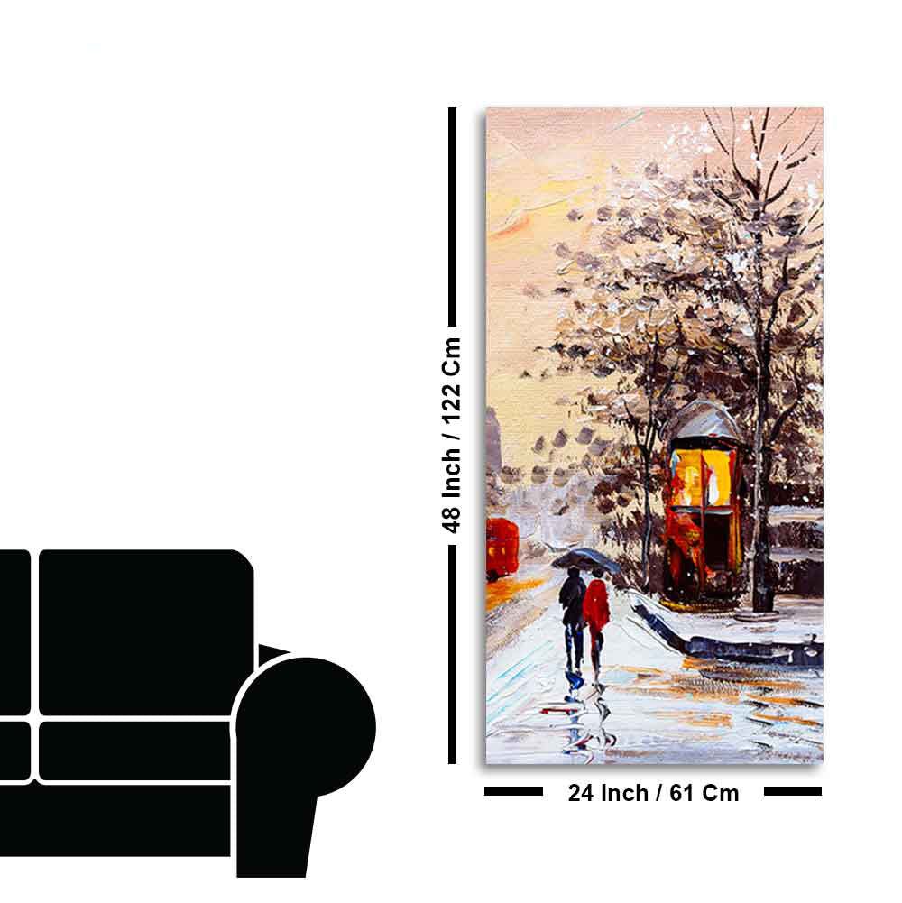 Premium Wall Canvas Painting of a Couple Walking in Snowfall - Decor Smart