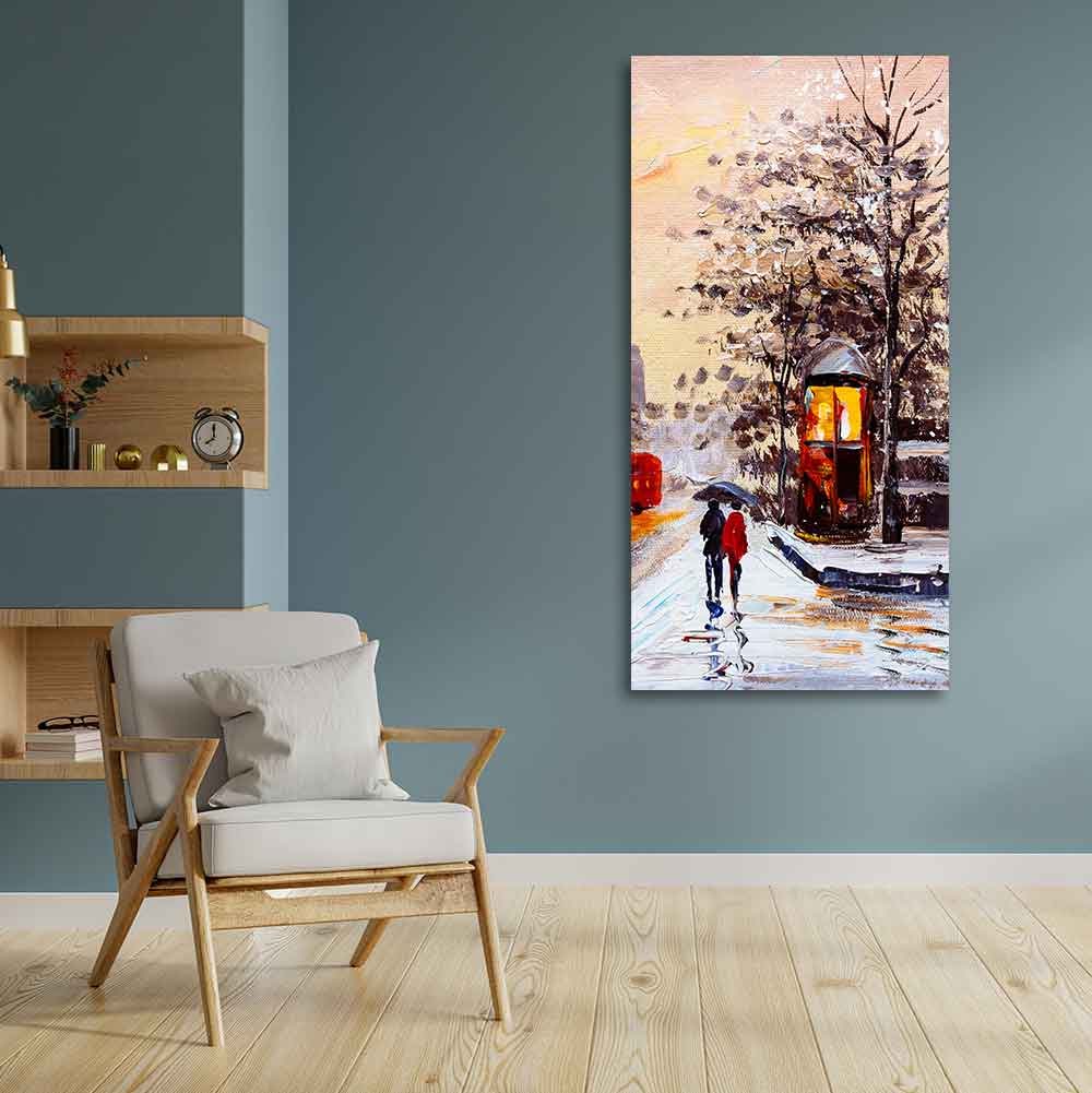 Premium Wall Canvas Painting of a Couple Walking in Snowfall - Decor Smart