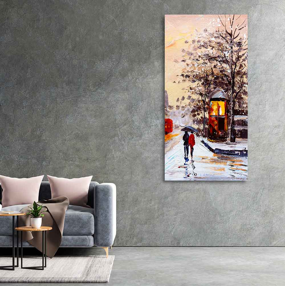 Premium Wall Canvas Painting of a Couple Walking in Snowfall - Decor Smart