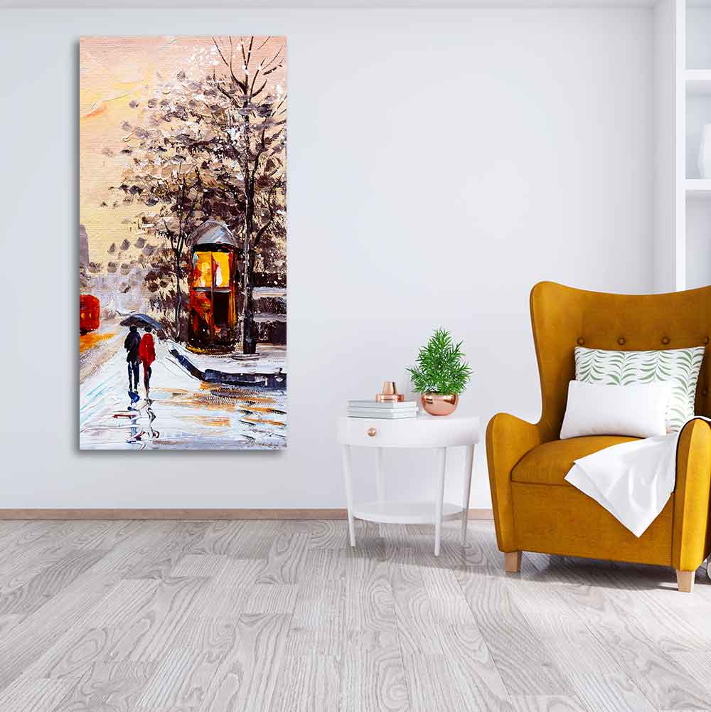 Premium Wall Canvas Painting of a Couple Walking in Snowfall - Decor Smart