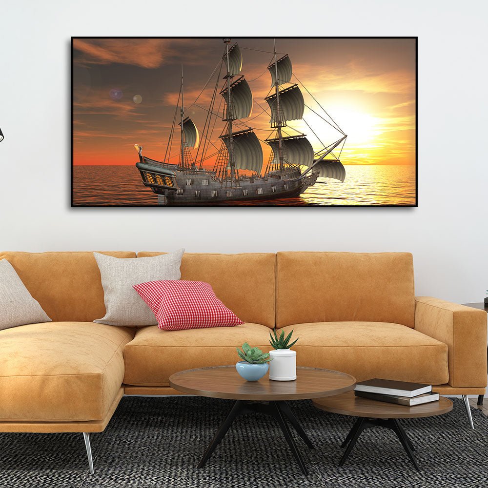 Premium Wall Painting of 3D Sailing Ship in Sunset - Decor Smart