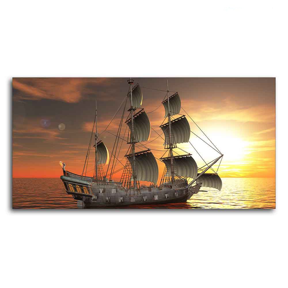 Premium Wall Painting of 3D Sailing Ship in Sunset - Decor Smart