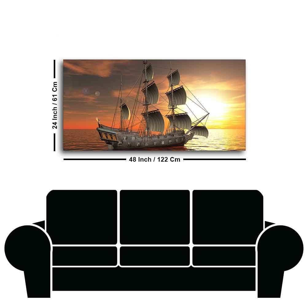 Premium Wall Painting of 3D Sailing Ship in Sunset - Decor Smart