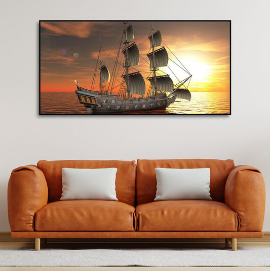 Premium Wall Painting of 3D Sailing Ship in Sunset - Decor Smart